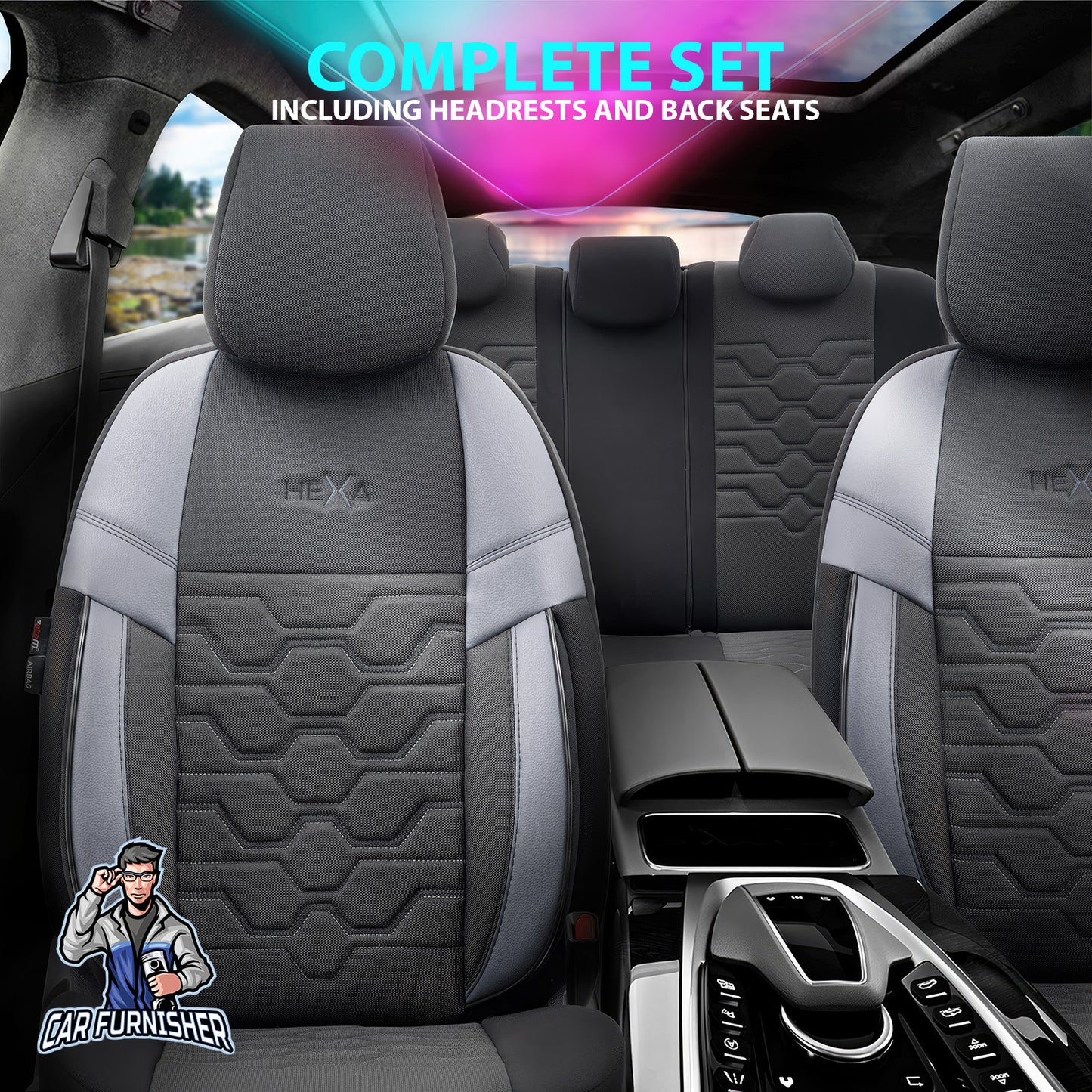 Car Seat Cover Set - Hexa Design Smoked 5 Seats + Headrests (Full Set) Leather & Jacquard Fabric