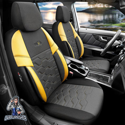 Mercedes 190 Seat Covers Hexa Design Yellow 5 Seats + Headrests (Full Set) Leather & Jacquard Fabric