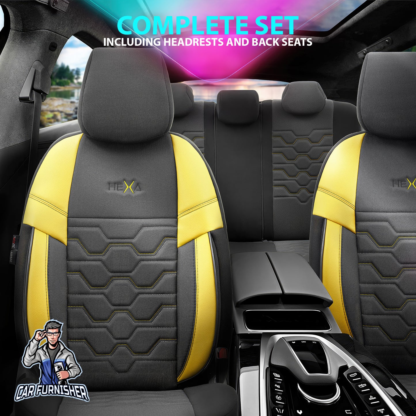 Car Seat Cover Set - Hexa Design Yellow 5 Seats + Headrests (Full Set) Leather & Jacquard Fabric