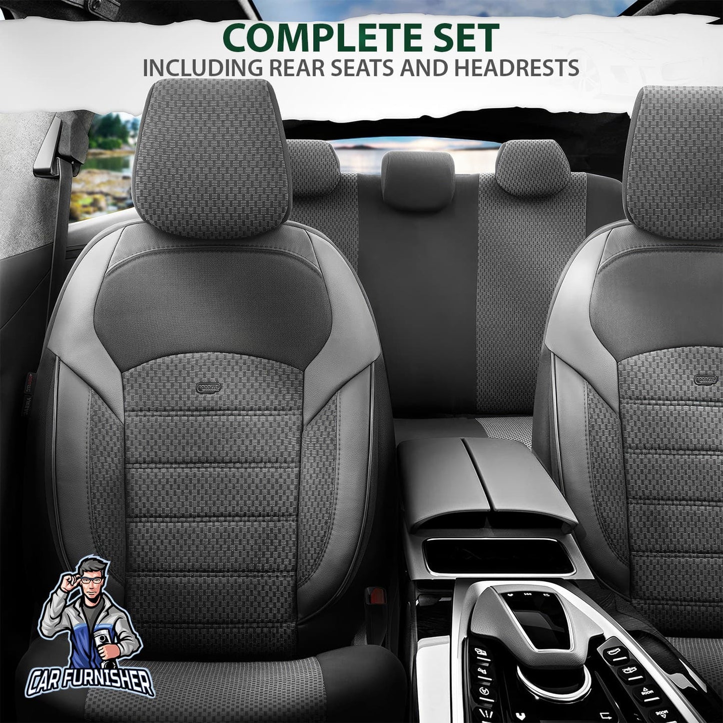 Car Seat Cover Set - Nova Design Black 5 Seats + Headrests (Full Set) Leather & Cotton Fabric