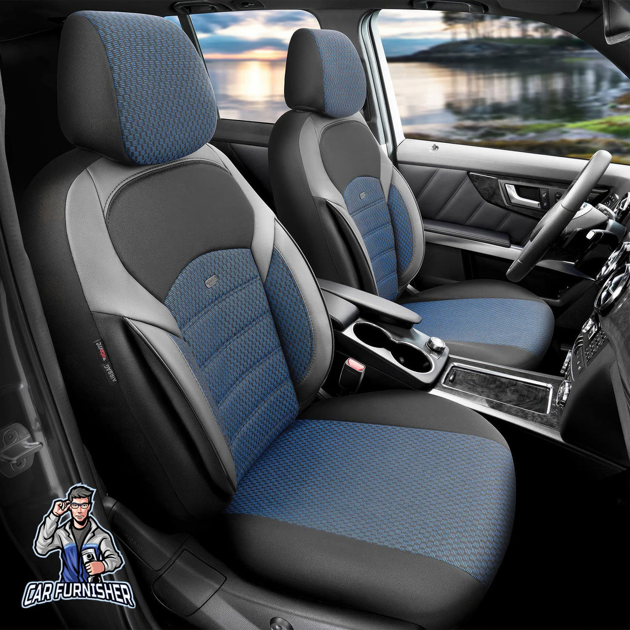 Car Seat Cover Set - Nova Design Blue 5 Seats + Headrests (Full Set) Leather & Cotton Fabric