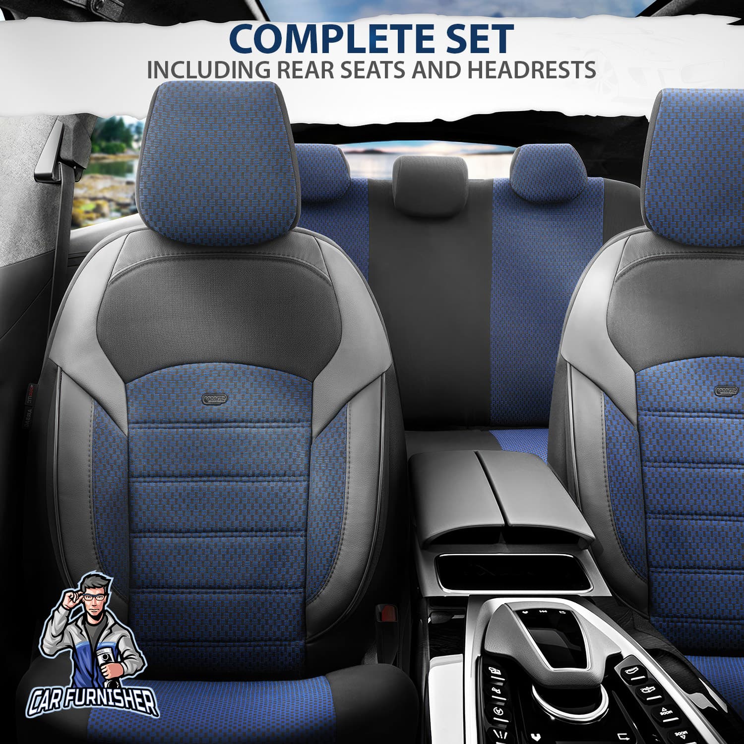 Car Seat Cover Set - Nova Design Blue 5 Seats + Headrests (Full Set) Leather & Cotton Fabric