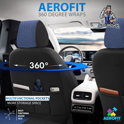 Car Seat Cover Set - Nova Design Blue 5 Seats + Headrests (Full Set) Leather & Cotton Fabric