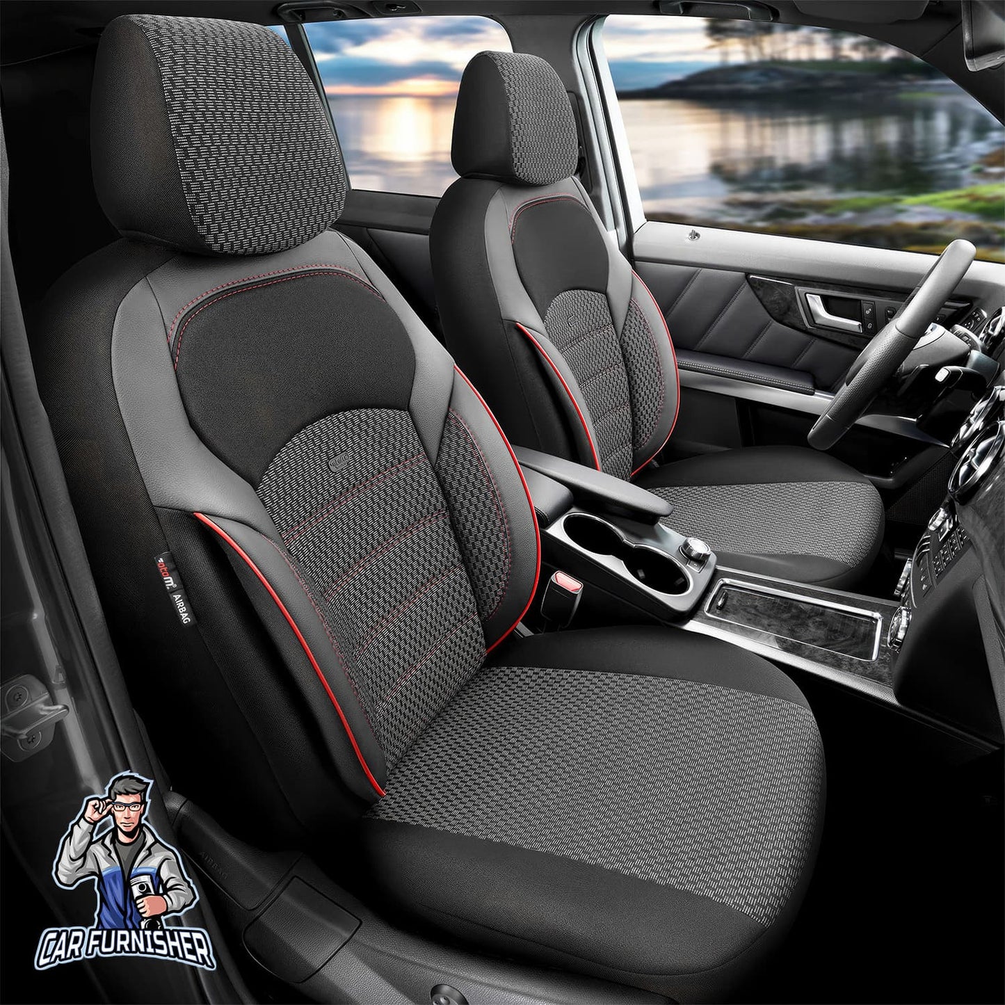 Car Seat Cover Set - Nova Design Dark Red 5 Seats + Headrests (Full Set) Leather & Cotton Fabric