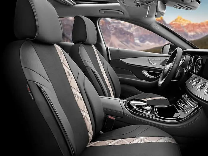 A car's plush seating ambiance with luxe coverings.