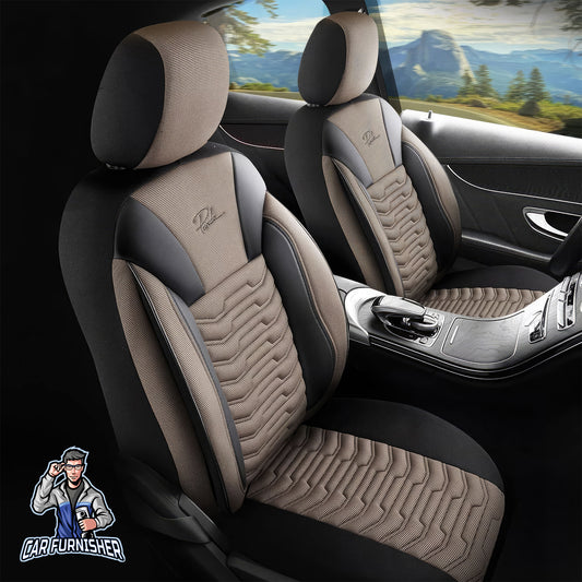 Car Seat Cover Set - Paris Design Beige 5 Seats + Headrests (Full Set) Leather & Pique Fabric