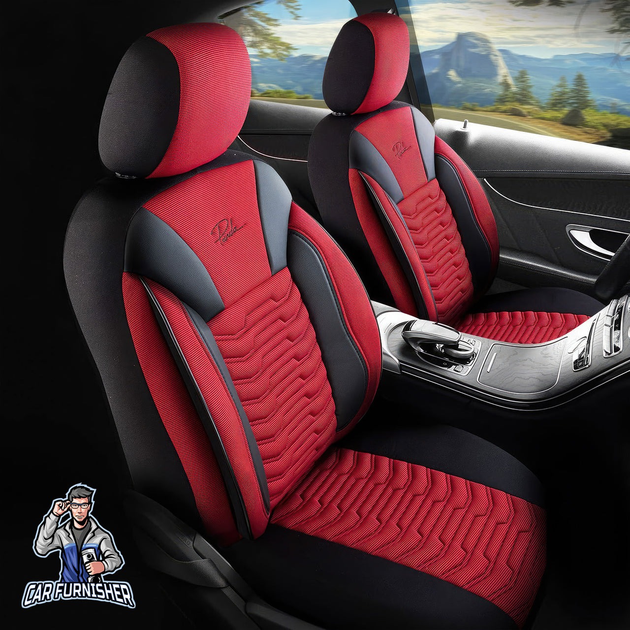 Car Seat Cover Set - Paris Design Red 5 Seats + Headrests (Full Set) Leather & Pique Fabric