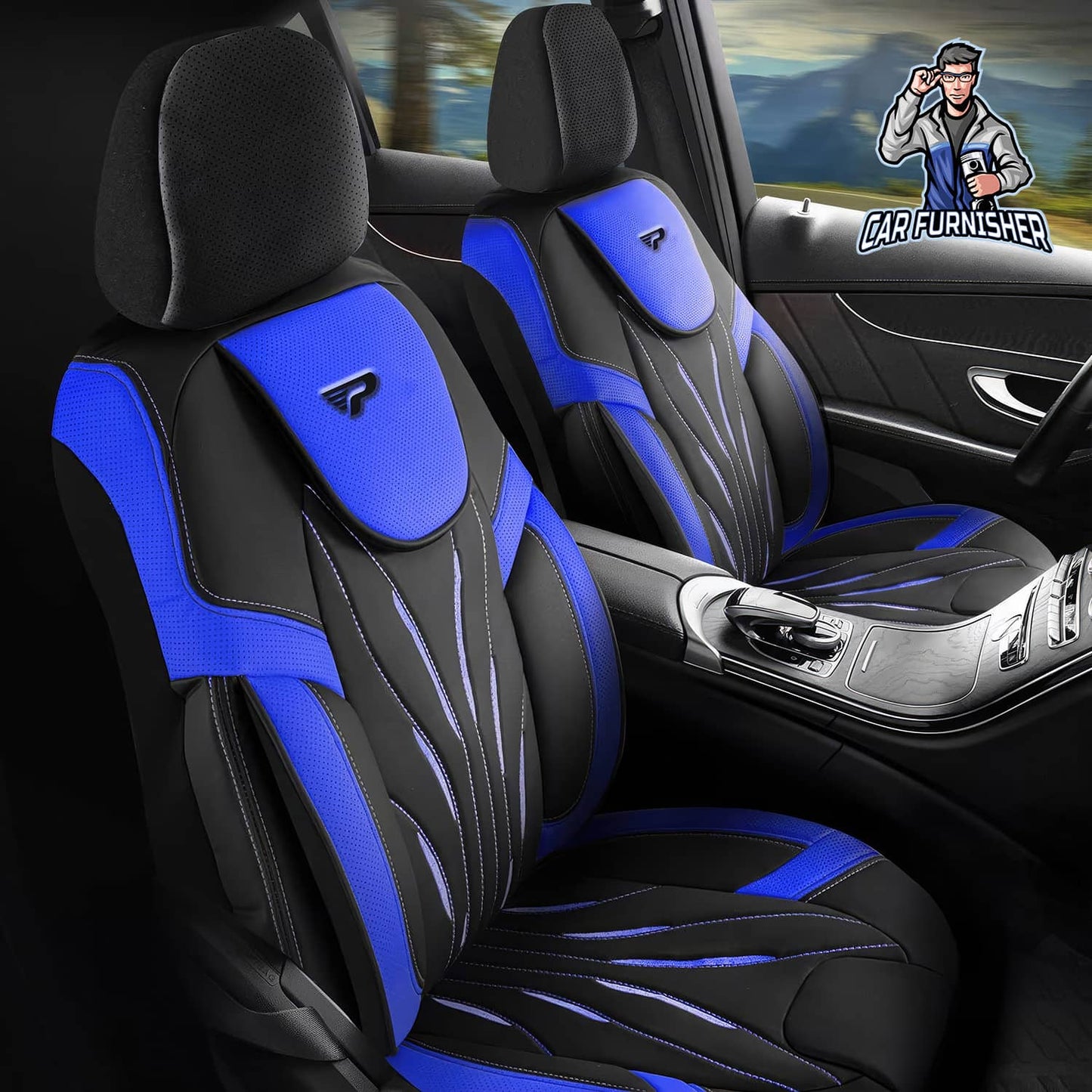 Car Seat Cover Set - Pars Design Blue 5 Seats + Headrests (Full Set) Full Leather