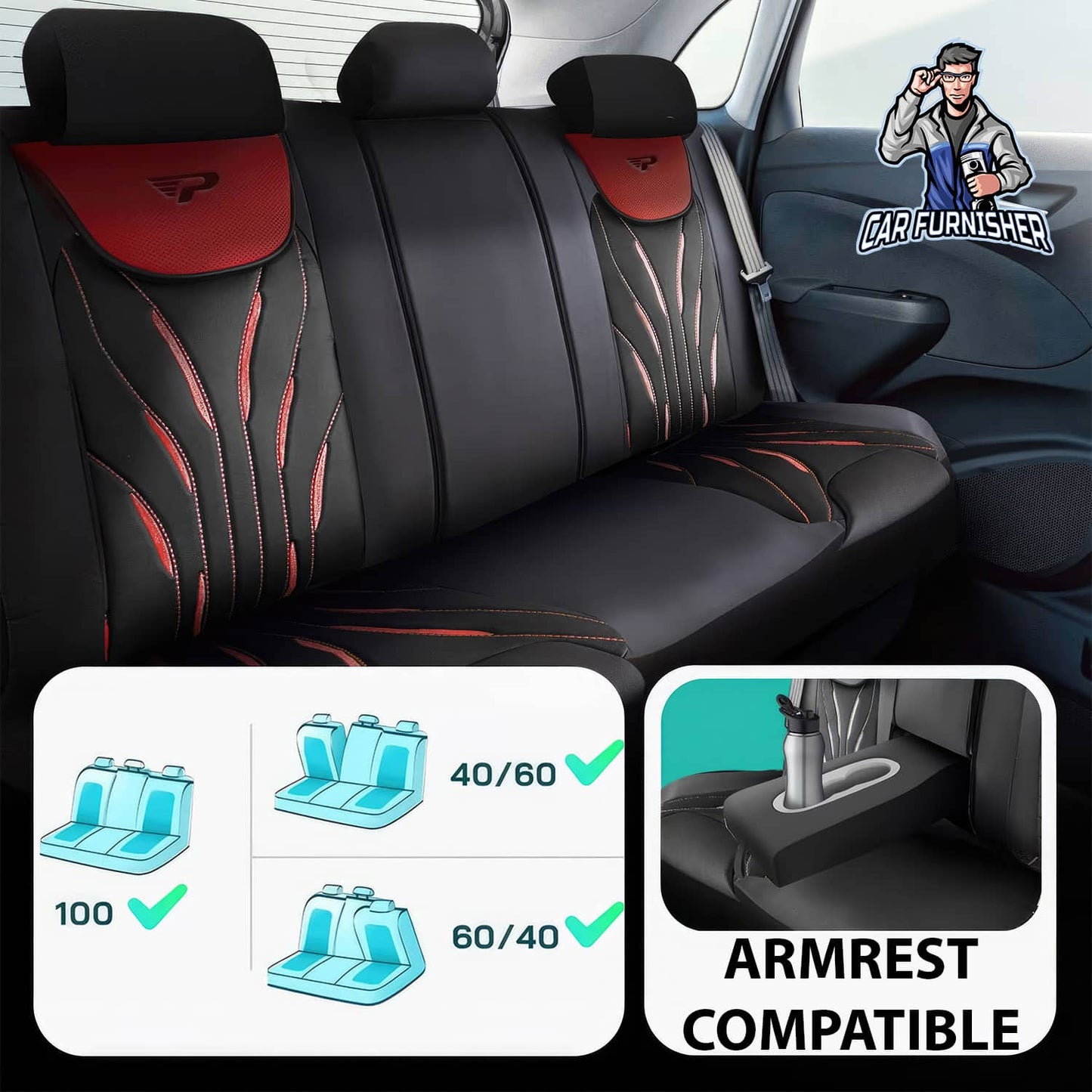 Car Seat Cover Set - Pars Design Red 5 Seats + Headrests (Full Set) Full Leather