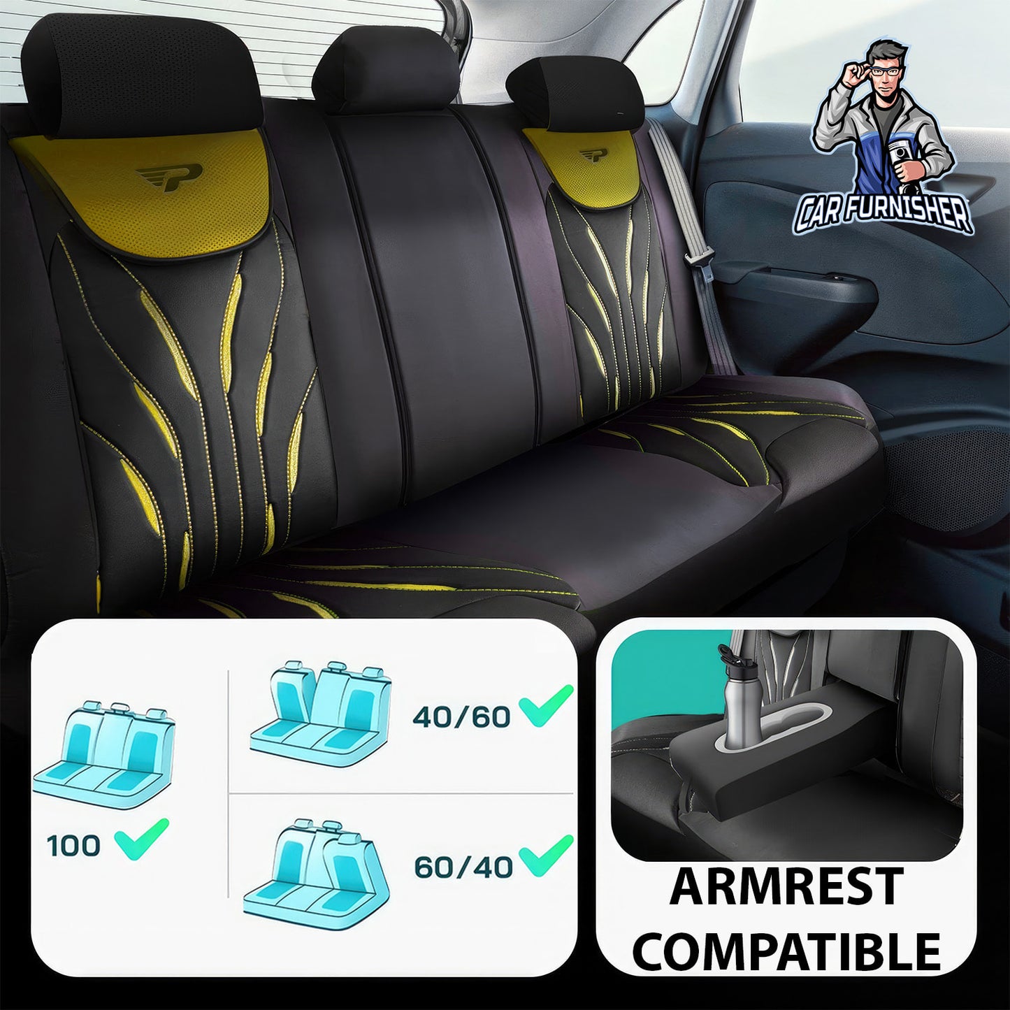 Car Seat Cover Set - Pars Design Yellow 5 Seats + Headrests (Full Set) Full Leather