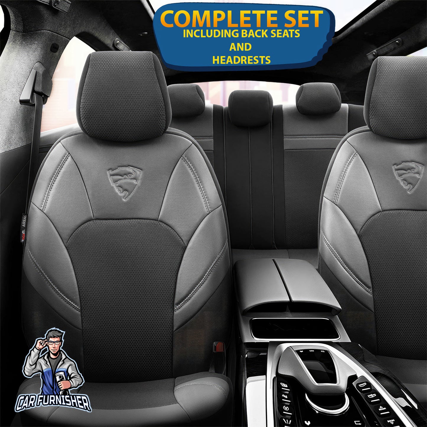 Car Seat Cover Set - Phantom Design Black 5 Seats + Headrests (Full Set) Leather & Jacquard Fabric