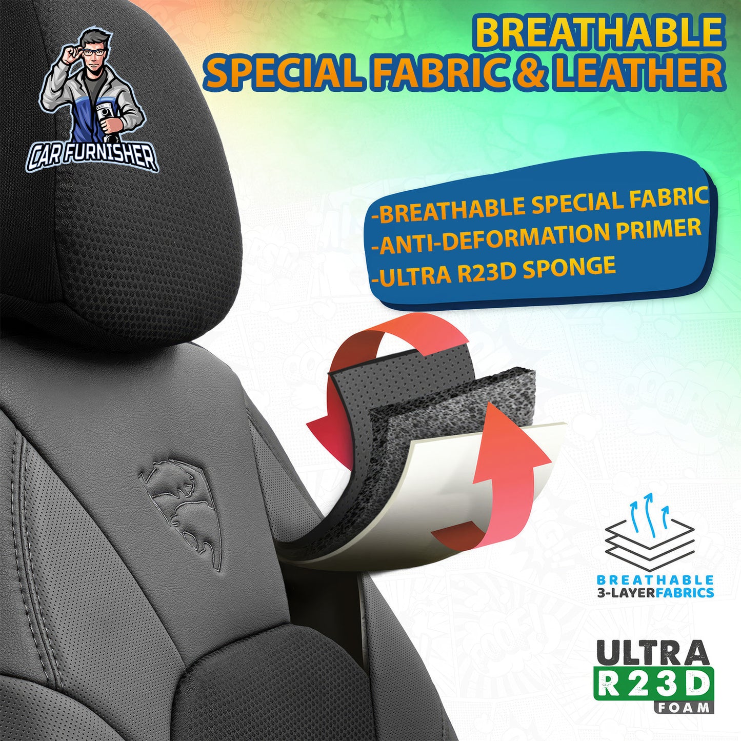 Car Seat Cover Set - Phantom Design Black 5 Seats + Headrests (Full Set) Leather & Jacquard Fabric