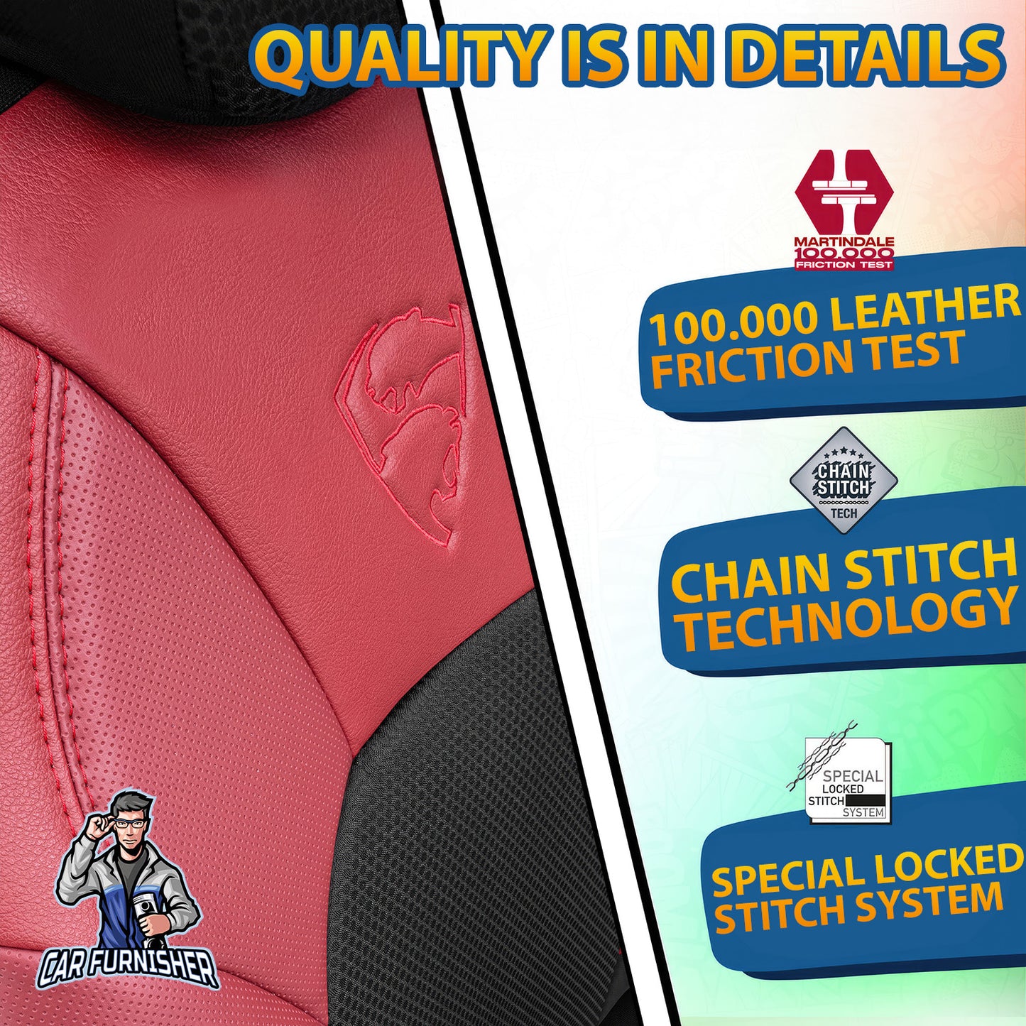 Car Seat Cover Set - Phantom Design Burgundy 5 Seats + Headrests (Full Set) Leather & Jacquard Fabric