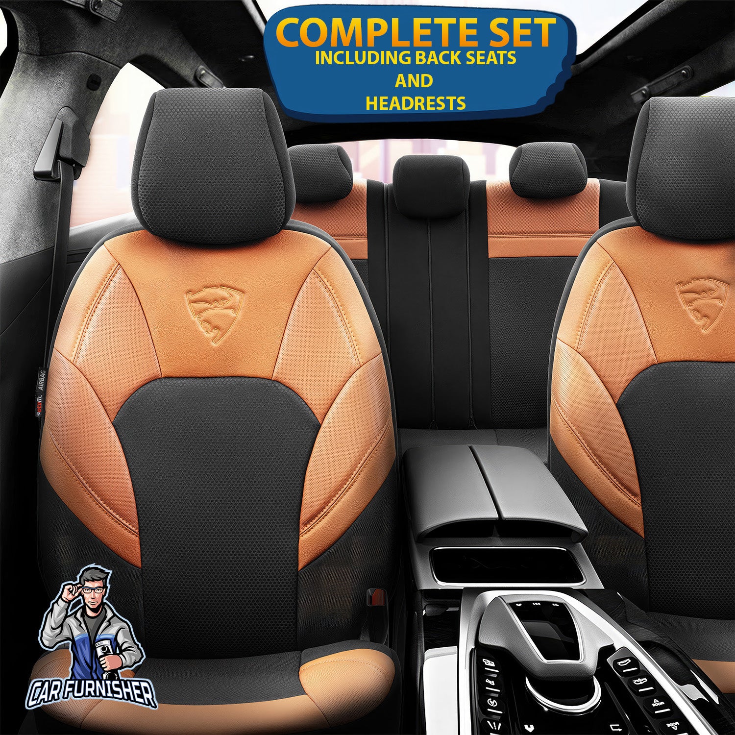 Car Seat Cover Set - Phantom Design Orange 5 Seats + Headrests (Full Set) Leather & Jacquard Fabric