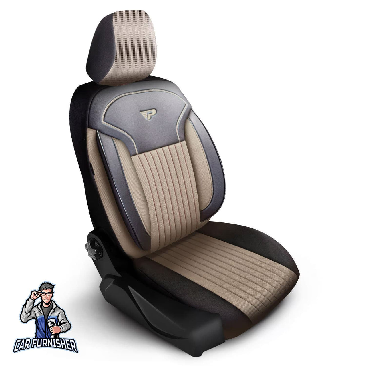 Car Seat Cover Set - Prague Design Beige 5 Seats + Headrests (Full Set) Leather & Pique Fabric