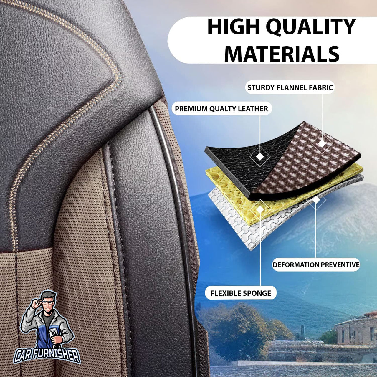 Car Seat Cover Set - Prague Design Beige 5 Seats + Headrests (Full Set) Leather & Pique Fabric