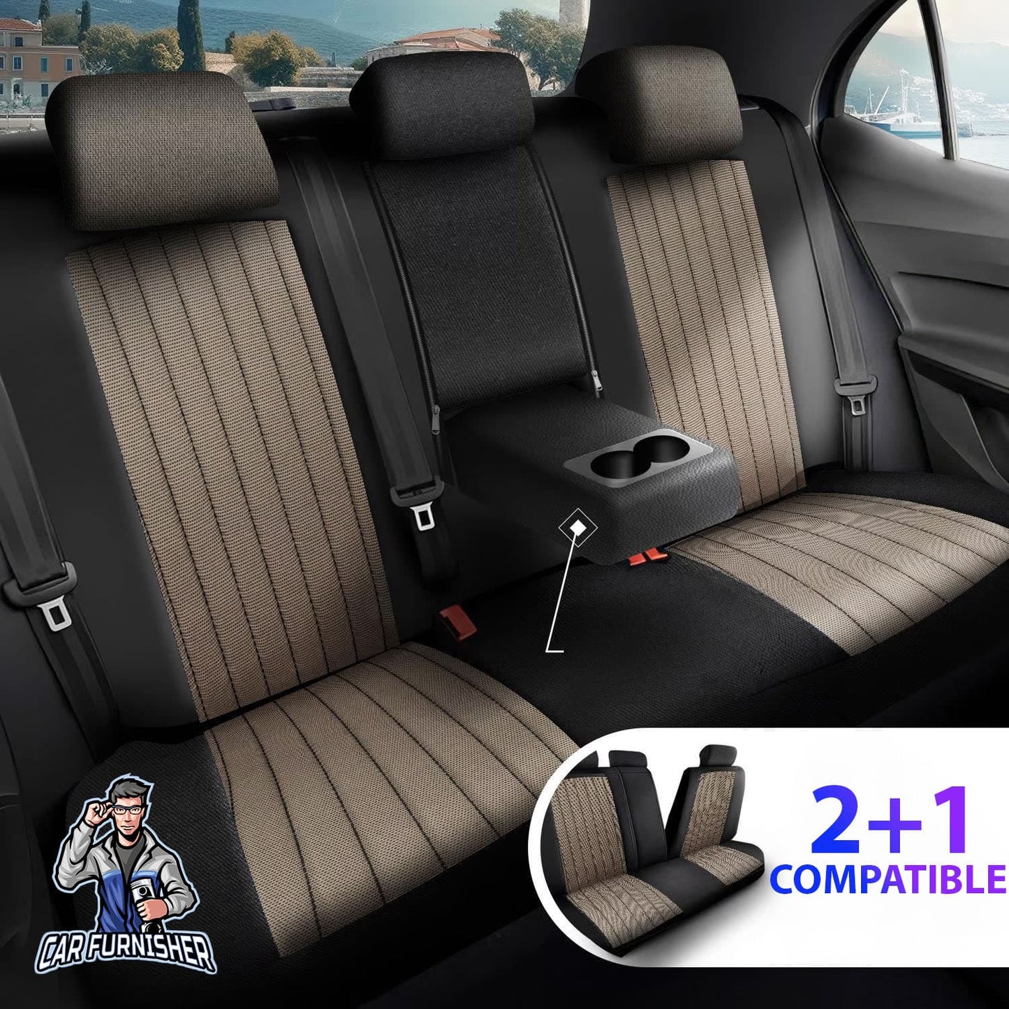 Mercedes 190 Seat Covers Prague Design Beige 5 Seats + Headrests (Full Set) Leather & Pique Fabric
