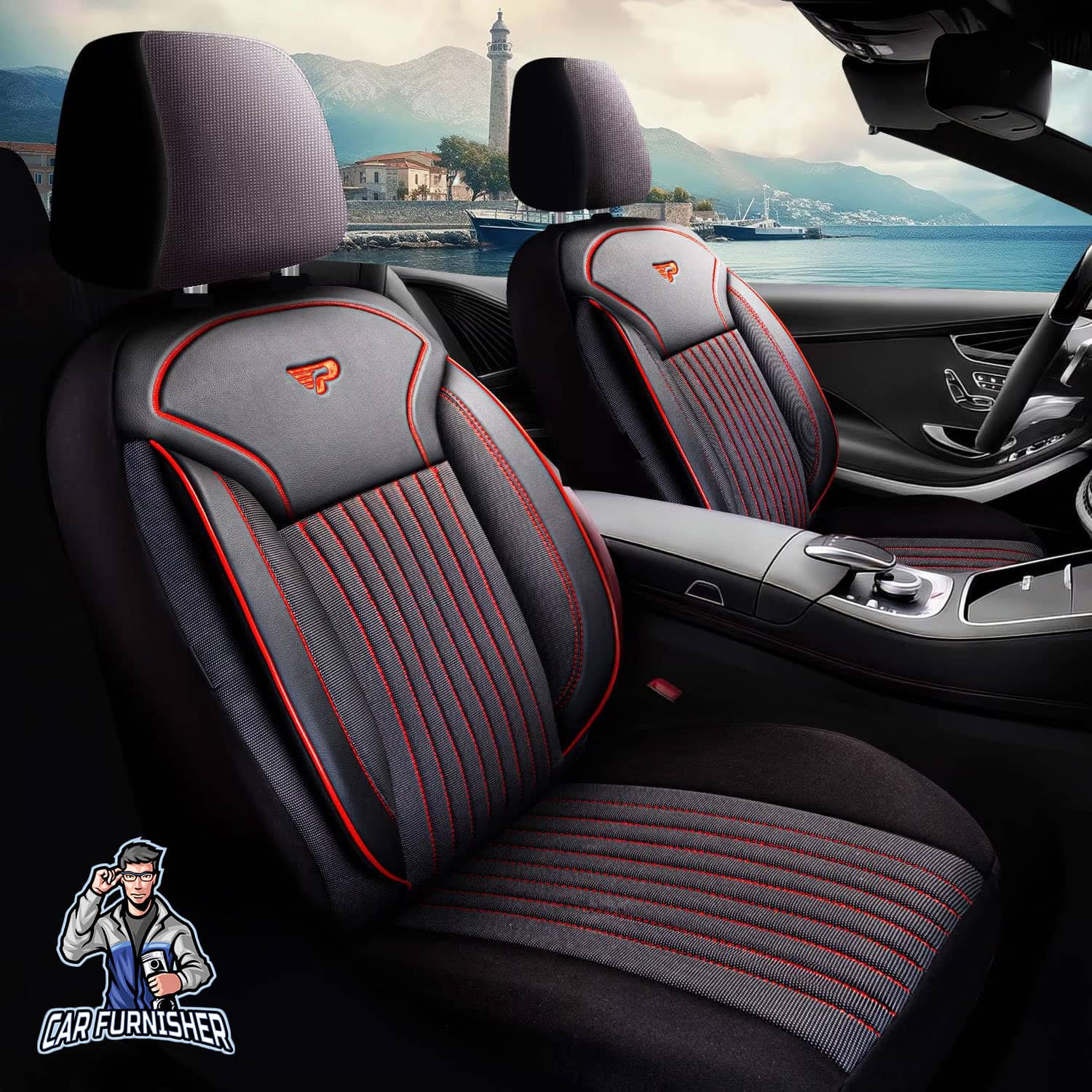Mercedes 190 Seat Covers Prague Design Dark Red 5 Seats + Headrests (Full Set) Leather & Pique Fabric