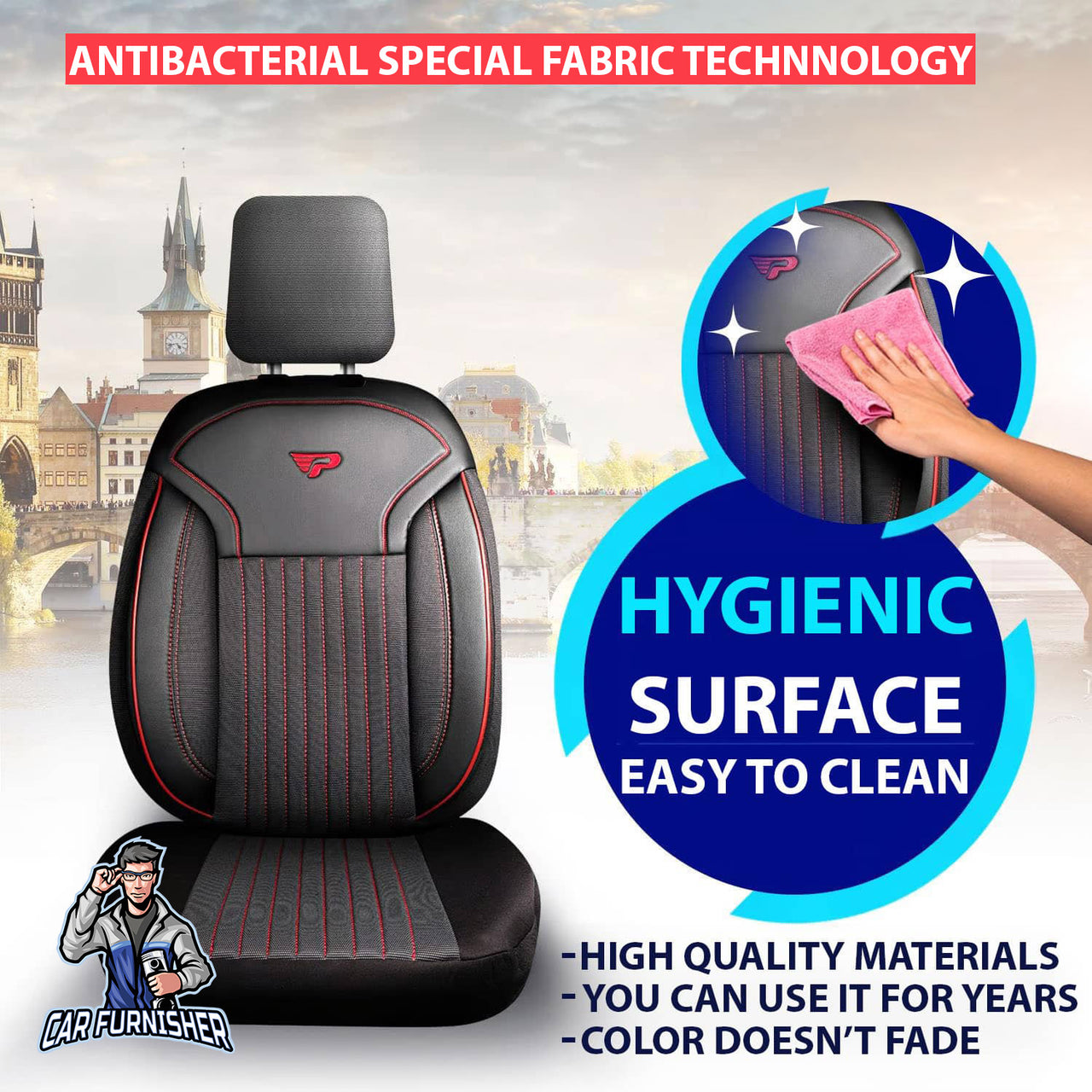 Car Seat Cover Set - Prague Design Dark Red 5 Seats + Headrests (Full Set) Leather & Pique Fabric