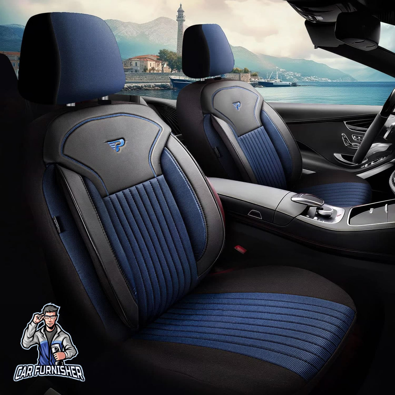 Car Seat Cover Set - Prague Design Blue 5 Seats + Headrests (Full Set) Leather & Pique Fabric