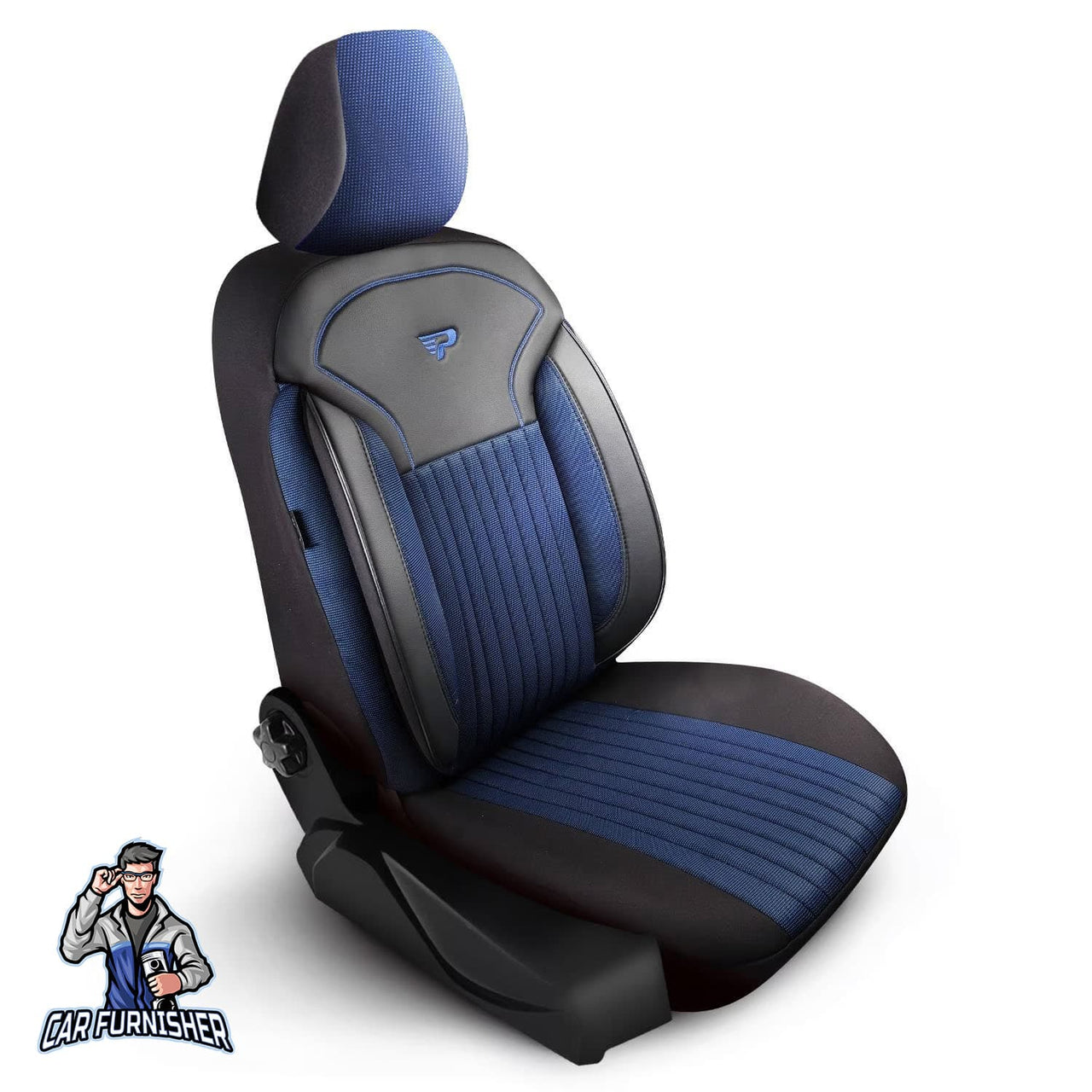 Car Seat Cover Set - Prague Design Blue 5 Seats + Headrests (Full Set) Leather & Pique Fabric