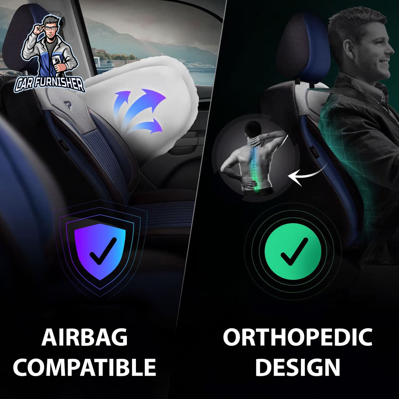 Car Seat Cover Set - Prague Design Blue 5 Seats + Headrests (Full Set) Leather & Pique Fabric