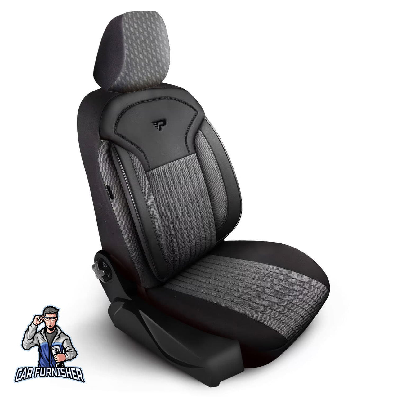 Car Seat Cover Set - Prague Design Black 5 Seats + Headrests (Full Set) Leather & Pique Fabric