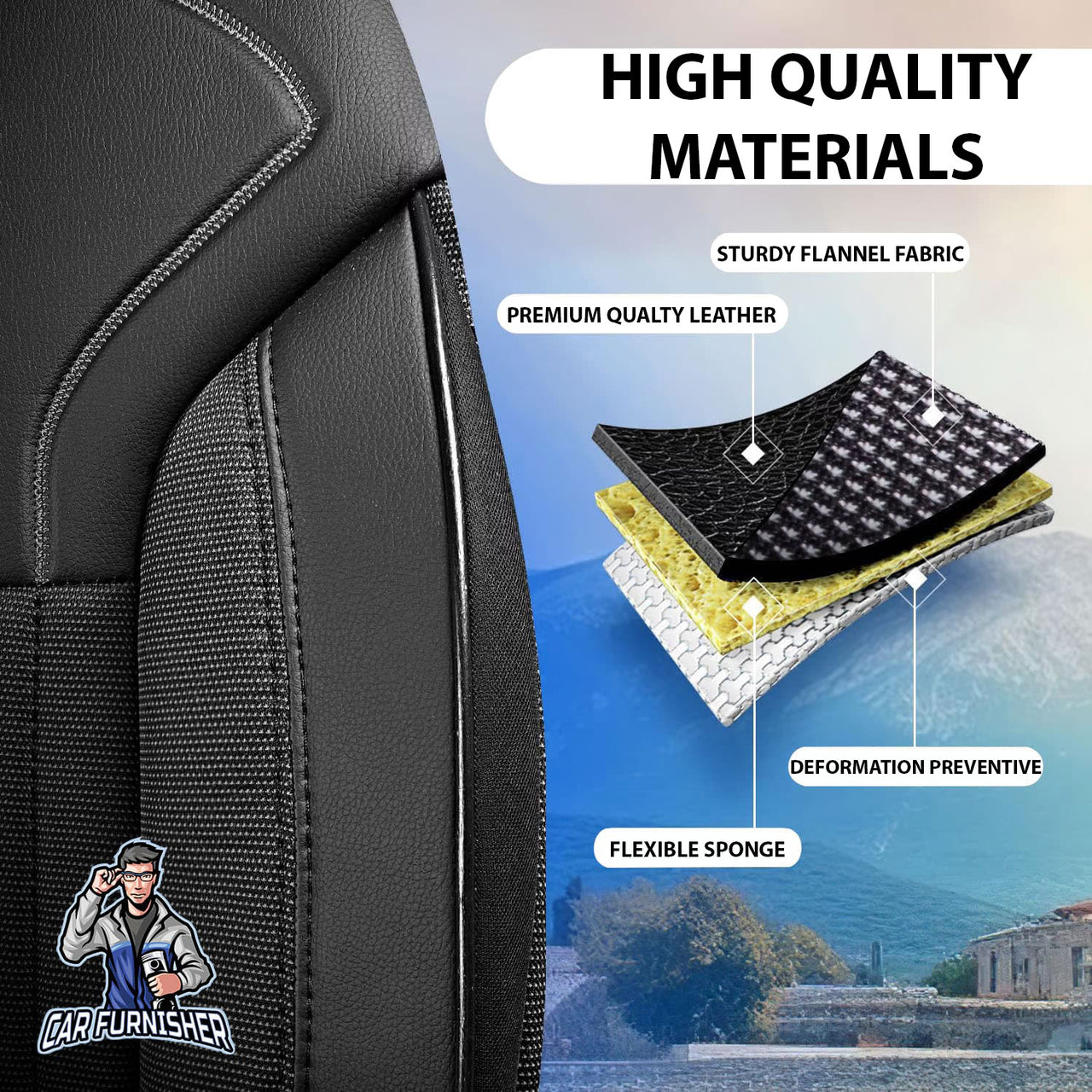 Car Seat Cover Set - Prague Design Black 5 Seats + Headrests (Full Set) Leather & Pique Fabric