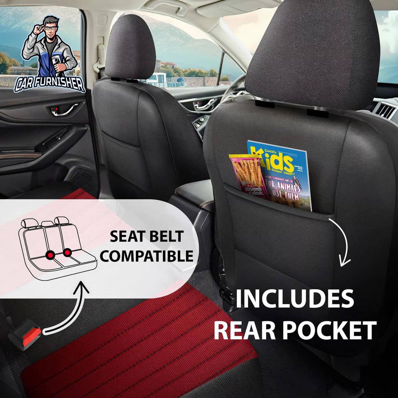 Car Seat Cover Set - Prague Design Red 5 Seats + Headrests (Full Set) Leather & Pique Fabric