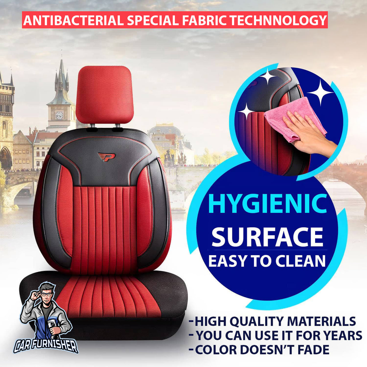 Car Seat Cover Set - Prague Design Red 5 Seats + Headrests (Full Set) Leather & Pique Fabric