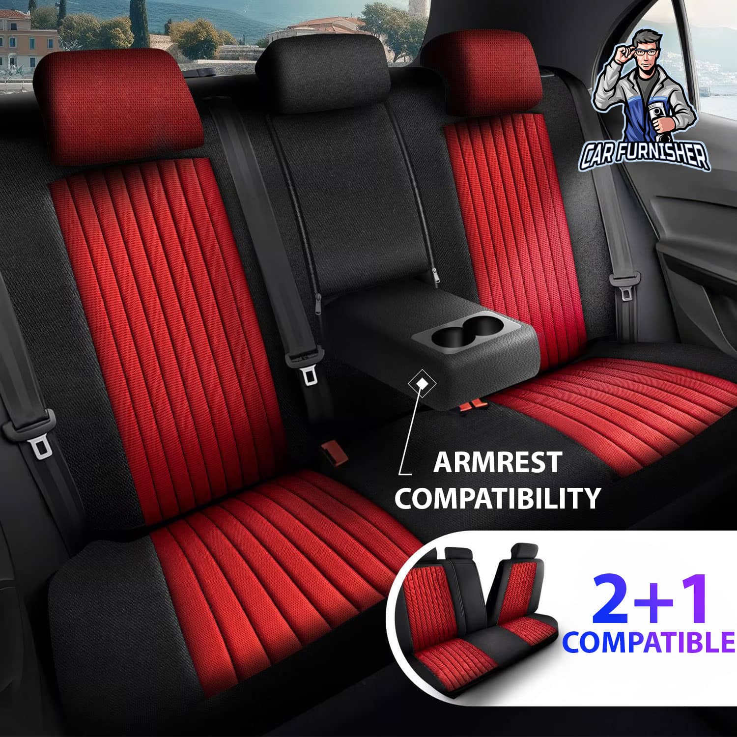 Mercedes 190 Seat Covers Prague Design Red 5 Seats + Headrests (Full Set) Leather & Pique Fabric