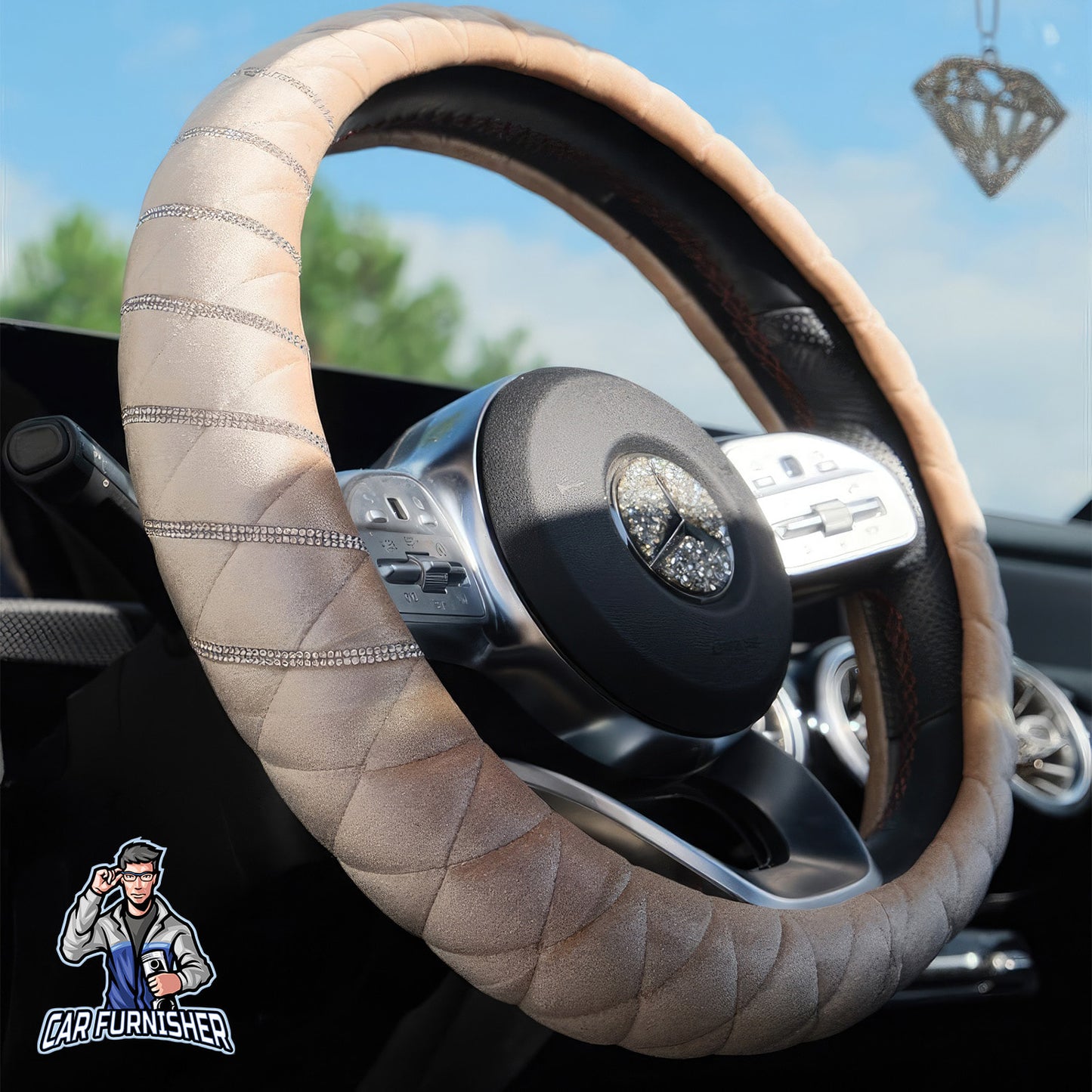 Quilted Velvet Bling Steering Wheel Cover Silver Swarovski Stones Beige Fabric