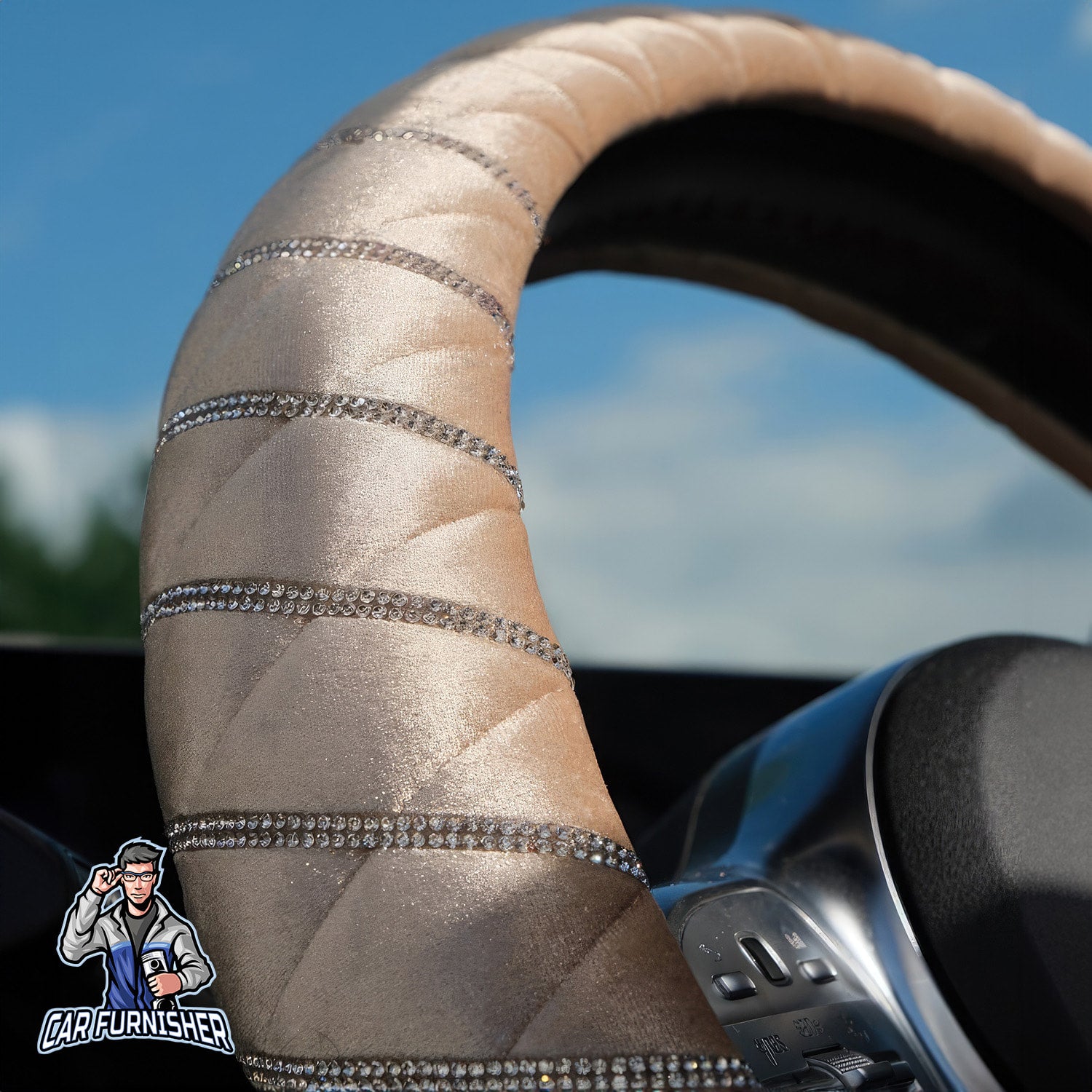 Quilted Velvet Bling Steering Wheel Cover Silver Swarovski Stones Beige Fabric