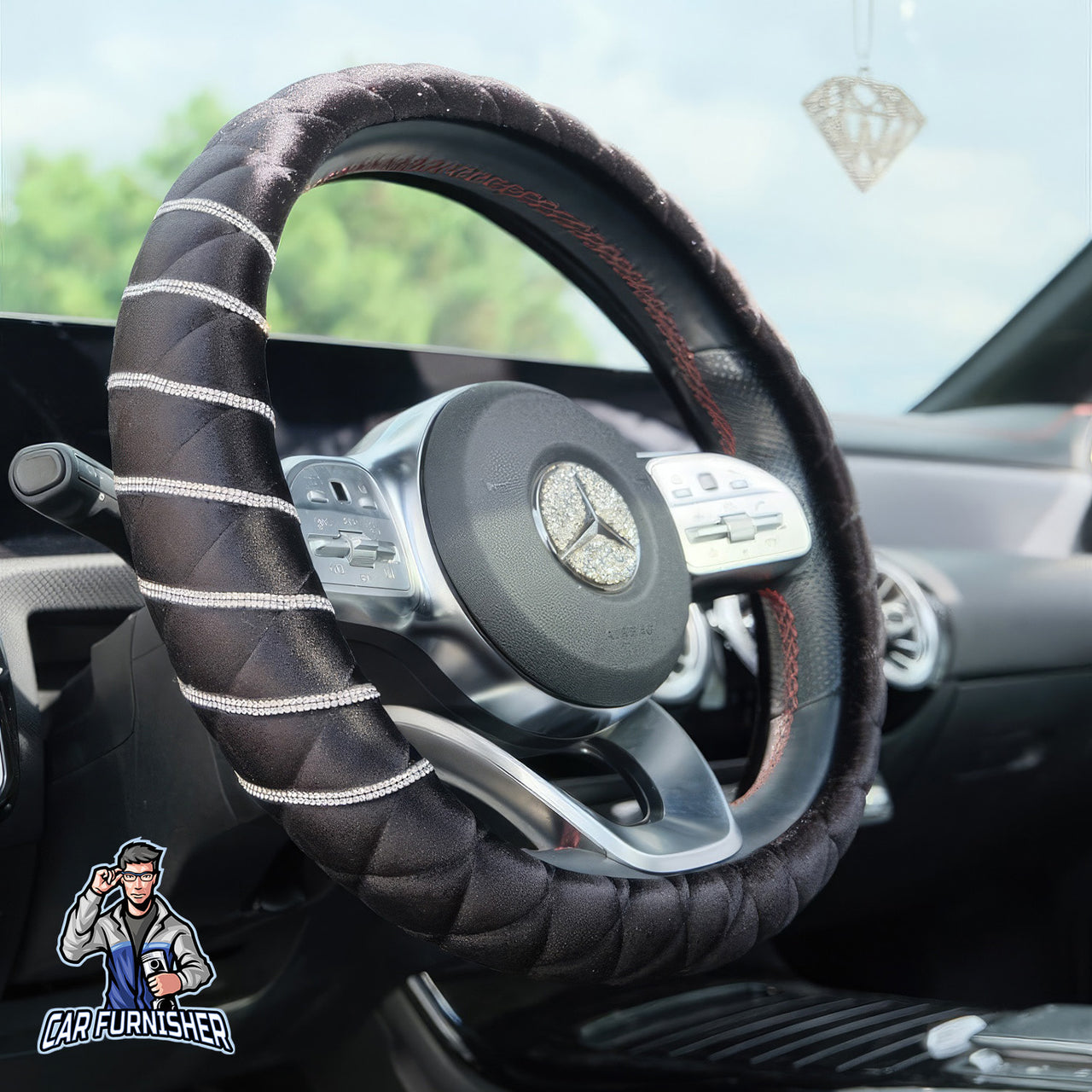 Quilted Velvet Bling Steering Wheel Cover Silver Swarovski Stones Black Fabric