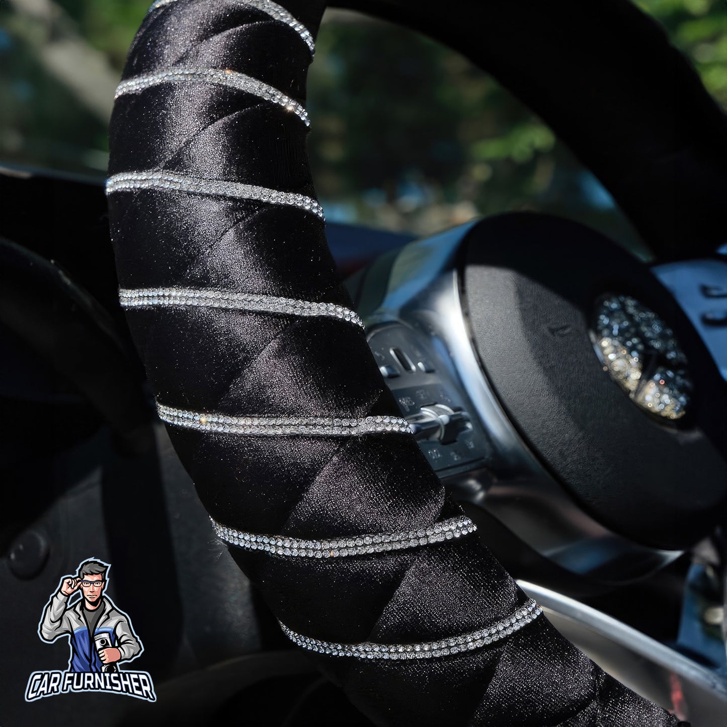 Quilted Velvet Bling Steering Wheel Cover Silver Swarovski Stones Black Fabric