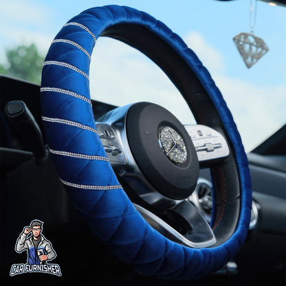 Quilted Velvet Bling Steering Wheel Cover Silver Swarovski Stones Blue Fabric