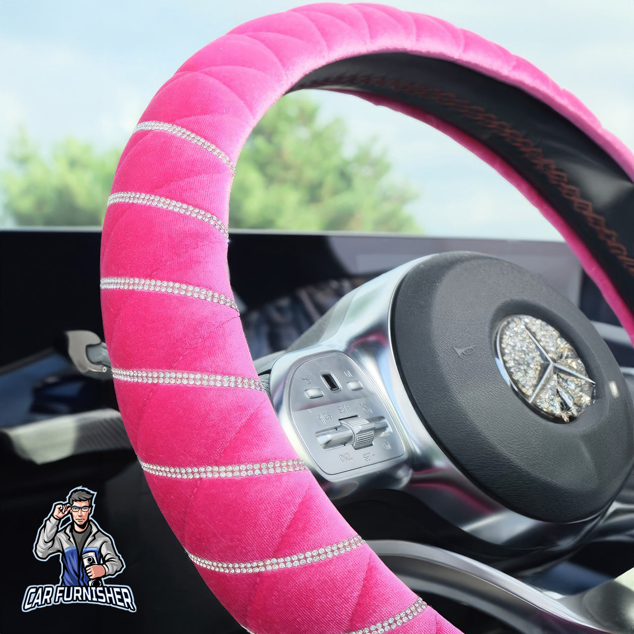 Quilted Velvet Bling Steering Wheel Cover Silver Swarovski Stones