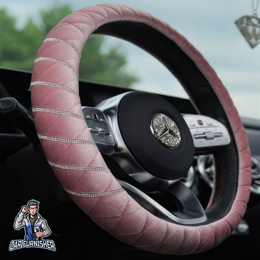 Quilted Velvet Bling Steering Wheel Cover Silver Swarovski Stones Pink Fabric