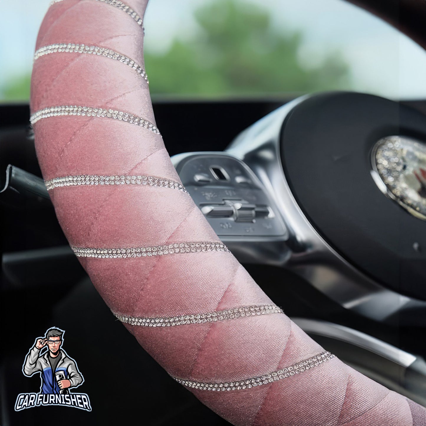 Quilted Velvet Bling Steering Wheel Cover Silver Swarovski Stones Pink Fabric