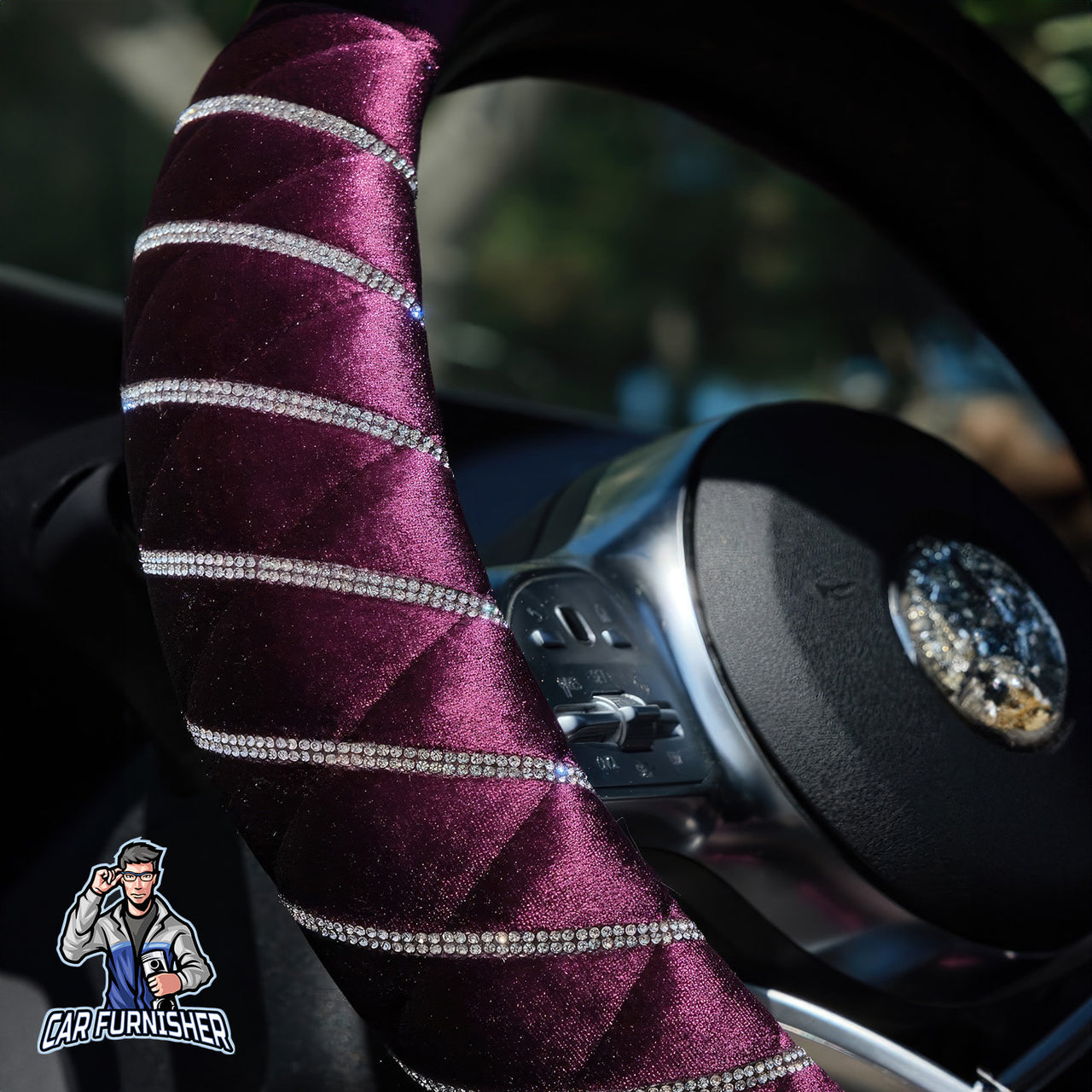 Quilted Velvet Bling Steering Wheel Cover Silver Swarovski Stones