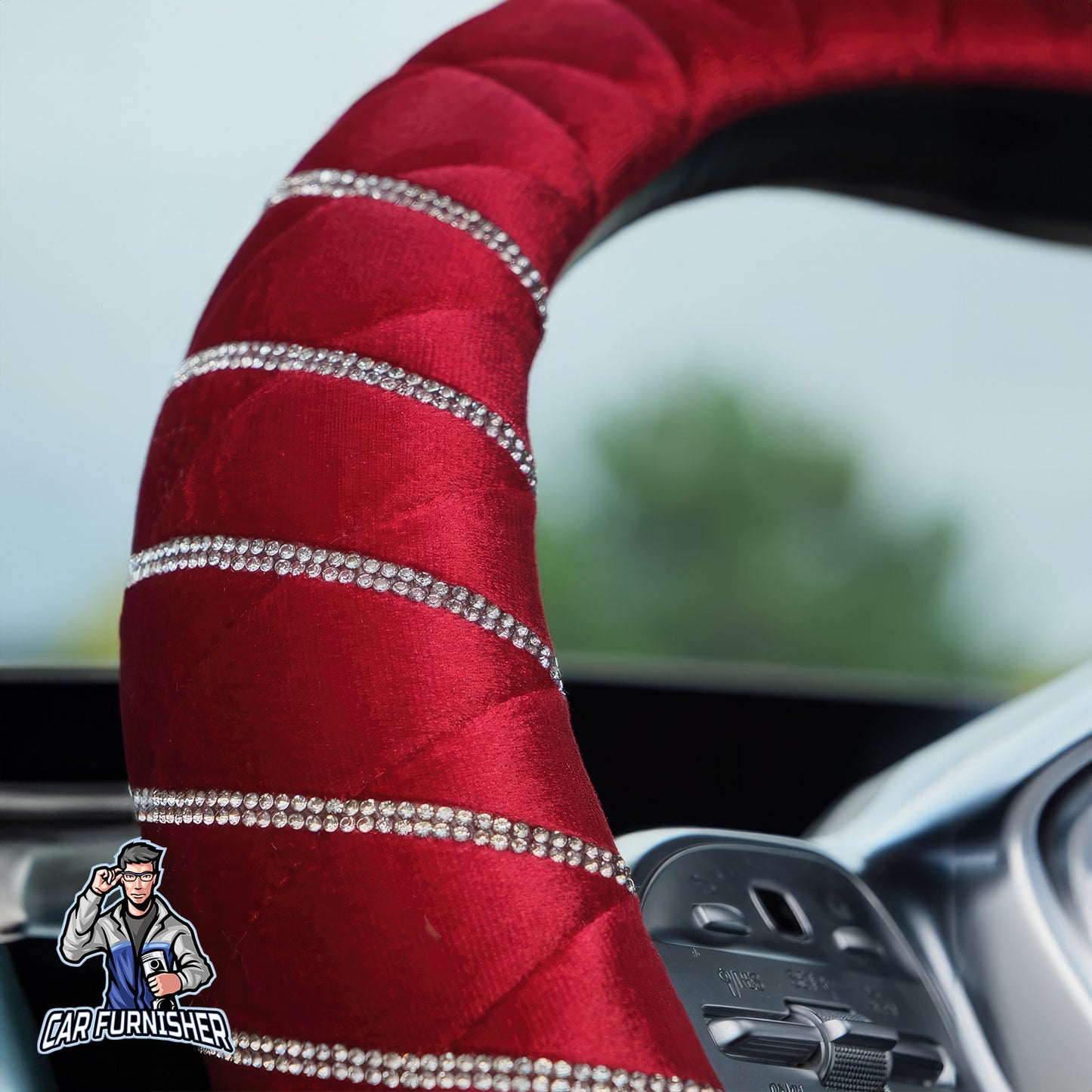 Quilted Velvet Bling Steering Wheel Cover Silver Swarovski Stones Red Fabric
