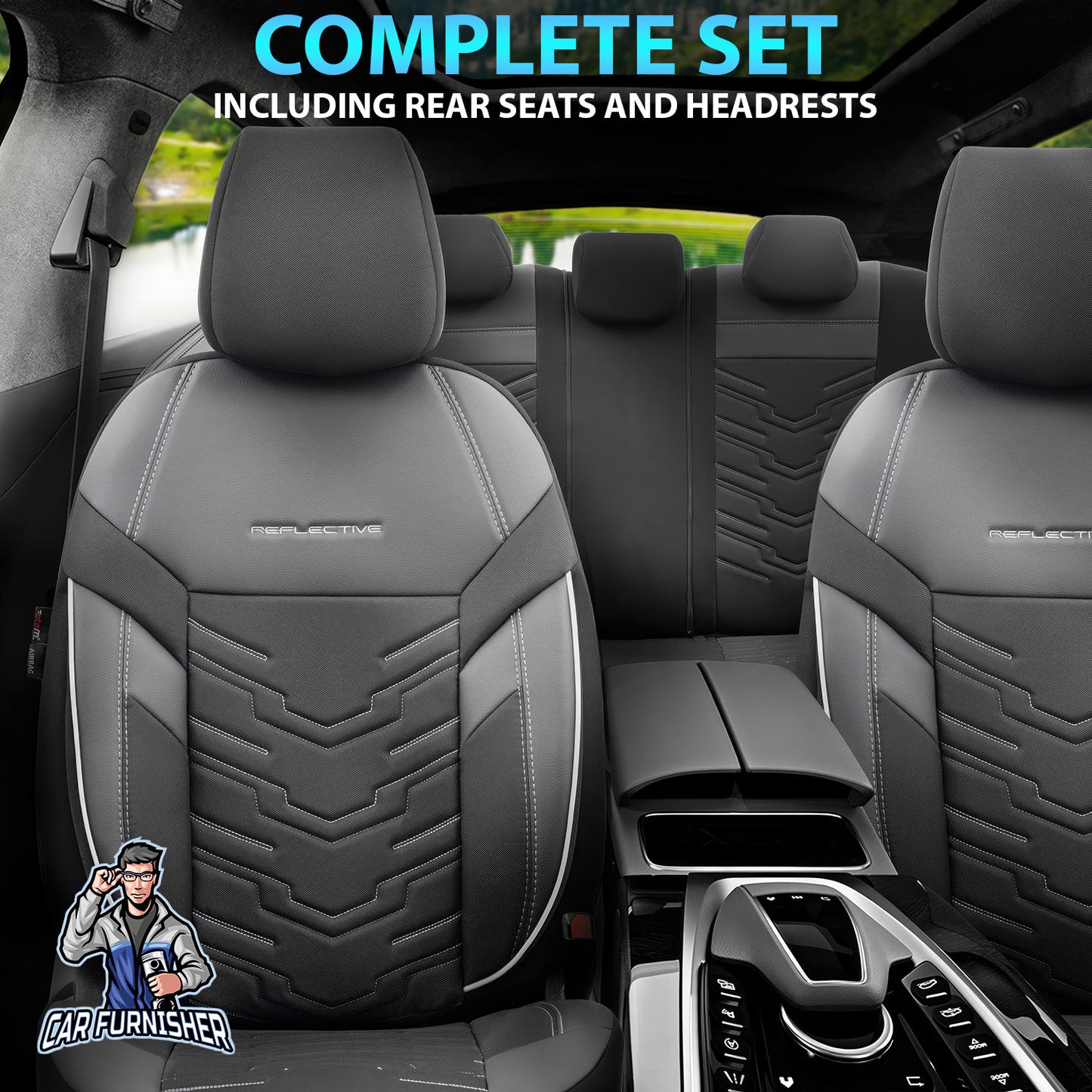 Car Seat Cover Set - Reflective Design Gray 5 Seats + Headrests (Full Set) Leather & Lacoste Fabric