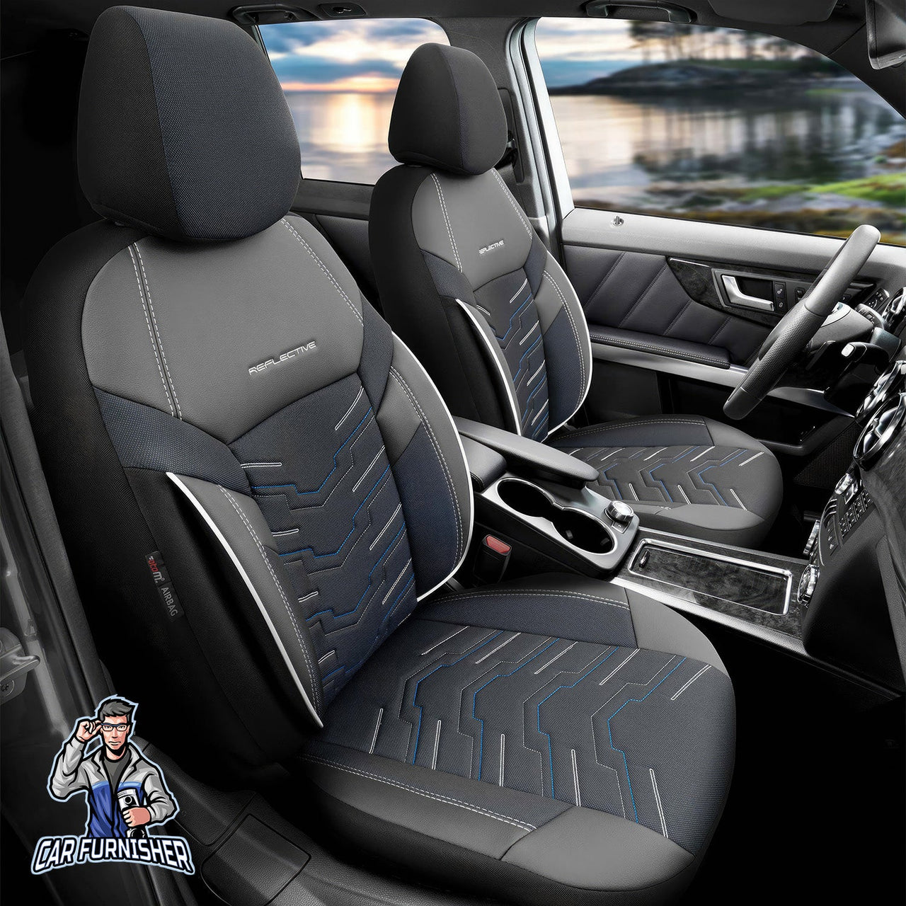 Volkswagen Passat Seat Covers Reflective Design Blue 5 Seats + Headrests (Full Set) Leather & Lacoste Fabric