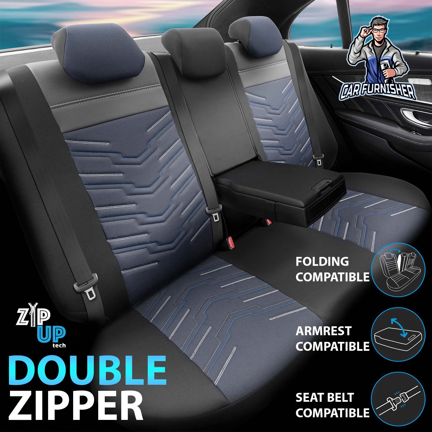 Car Seat Cover Set - Reflective Design Blue 5 Seats + Headrests (Full Set) Leather & Lacoste Fabric