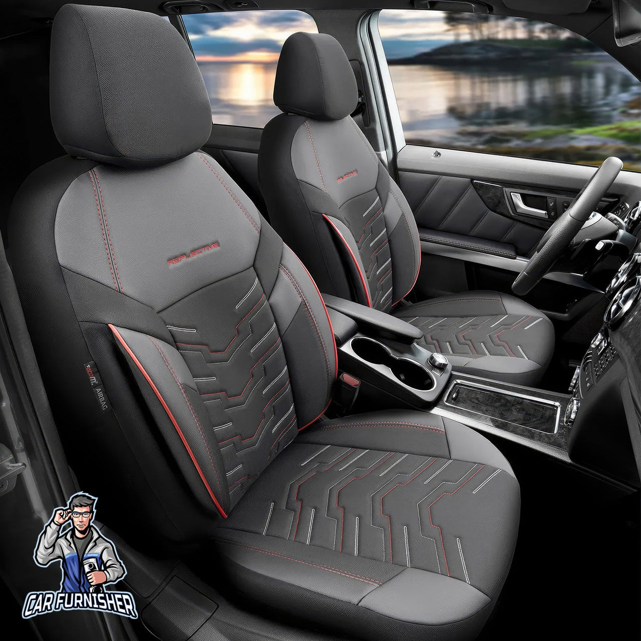 Audi A7 Seat Covers Reflective Design Red 5 Seats + Headrests (Full Set) Leather & Lacoste Fabric