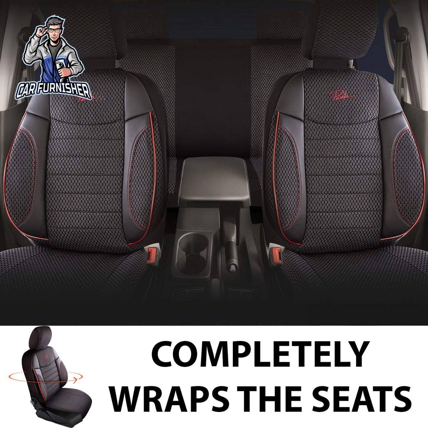 Car Seat Cover Set - Elegant Design Dark Red 5 Seats + Headrests (Full Set) Leather & Woven Fabric