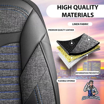 Car Seat Cover Set - Boston Design Dark Blue 5 Seats + Headrests (Full Set) Leather & Linen Fabric