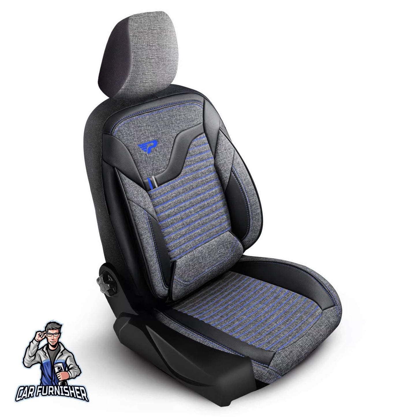 Car Seat Cover Set - Boston Design Dark Blue 5 Seats + Headrests (Full Set) Leather & Linen Fabric