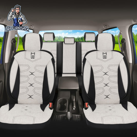 Car Seat Cover Set - FA Linen Fabric Design White 5 Seats + Headrests (Full Set) Linen Fabric