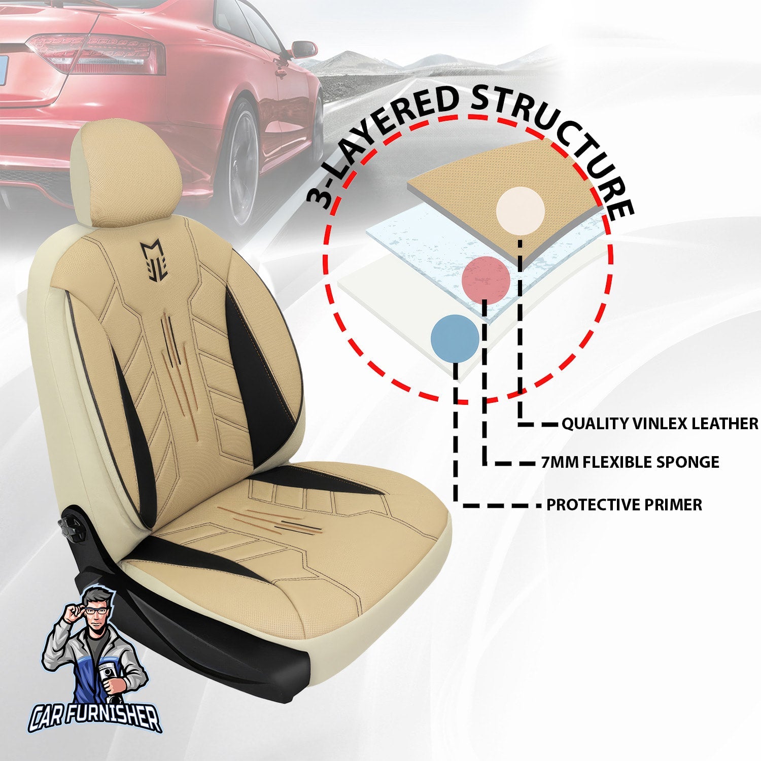 Mercedes 190 Seat Covers FA Leather Design Beige 5 Seats + Headrests (Full Set) Leather & Lacoste Fabric